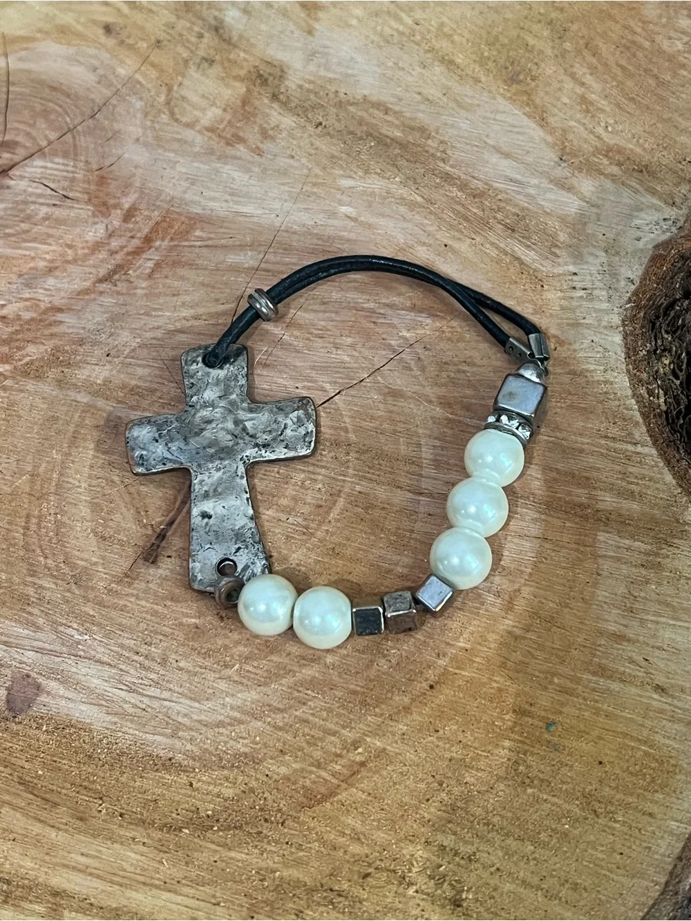 Rustic Hammered Silver Cross Leather Cord Bracelet Pearl Beads & Accent Charms